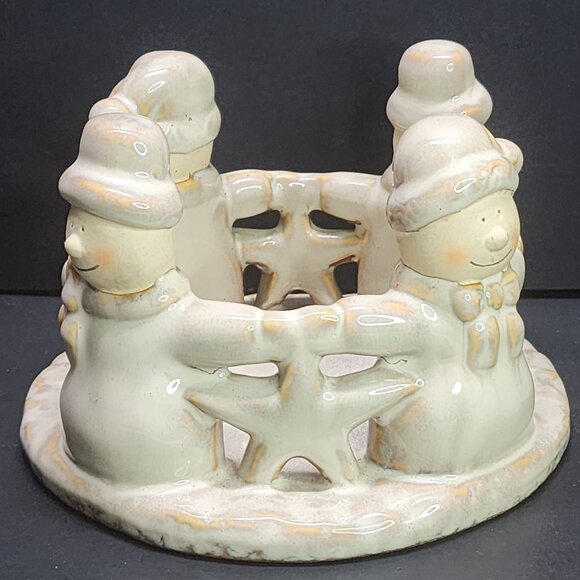 Vintage Snowman Circular Piilar Candle Holder Ceramic Holiday Decor - Picture 4 of 7
